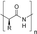 Estructura química de l'enllaç peptídic (esquerra) i un enllaç peptídic entre leucina i treonina (dreta).