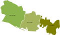 En verde la provincia de San Salvador (territorio original de la alcaldía mayor) y en café claro y café oscuro respectivamente las provincias de San Miguel y Jérez de Choluteca (añadidas en 1586), está última permanecería hasta 1602