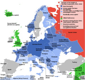 Infographic map illustrating the state of World War II in Europe in 1942