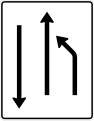 Zeichen 532-10 Einengungstafel; Darstellung mit Gegenverkehr: noch ein Fahrstreifen links in Fahrtrichtung und ein Fahrstreifen im Gegenverkehr