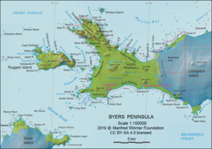 Karte der Byers-Halbinsel (Livingston-Insel) mit der Shishtov Cove