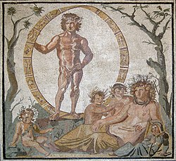 Éon et Tellus entourée de quatre enfants, peut-être les saisons personnifiées, mosaïque romaine d'une villa de Sentinum, début IIIe siècle, Glyptothèque de Munich (Inv. W504).