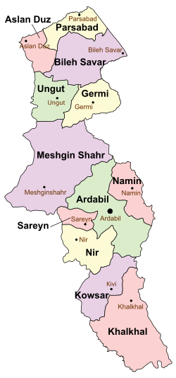 Location of Bileh Savar County in Ardabil province (top, purple)