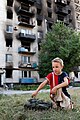 A damaged tower block in Lysychansk, 28 July 2014