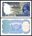 1938-as szériájú brit indiai (Reserve Bank of India) 10 rúpiás bankjegy VI. György király és császár portréjával.