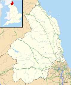 Mapa konturowa Northumberland, blisko centrum u góry znajduje się punkt z opisem „Ilderton”
