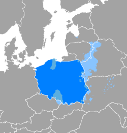 Поширення польської мови (темно-синій — мова більшості, світло-синій — мова меншості).