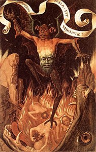 Demonio con apariencia típica medieval.[30]​ Piernas de animal, alas de murciélago y una cara en la región abdominal. Tríptico de Hans Memling 1485