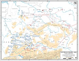 Map with scattered blue lines detailing the envelopment of the Austrian army, showing moving with scattered red lines.