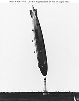 USS Los Angeles lofted nearly vertical during the weather-related docking-mast mishap in August, 1927.