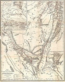 old map of Sinai Peninsula with old names (Rhinocolura = Arish, mountain Jebel el-Helal)