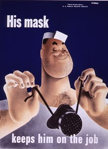 Color poster showing an illustration of a smiling worker wearing a white hat and shirt with visible stubble and chest hair, holding a gas mask