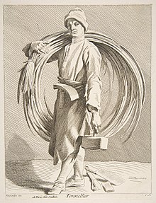 Line drawing of a man in antiquated clothing holding a hammer in one hand and with many large hoops held over his shoulder. He has several tools of his trade at his feet and on his belt