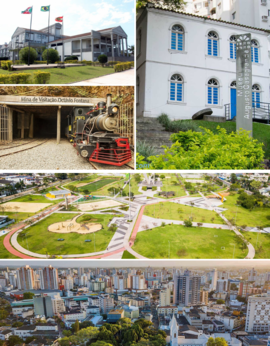 Do topo para baixo e da esquerda para direita; Fórum da Comarca de Criciúma; Mina de Visitação Octávio Fontana; Museu Augusto Casagrande; Parque Municipal Prefeito Altair Guidi; vista aérea da região central.