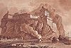 Dumbarton castle in 1800 and functioning lime kiln with smoke in the foreground.