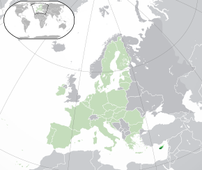 Localizarea Cipru (în imagine dreapta jos), arătând Republica Cipru în verde mai închis și autodeclarata republică a Ciprului de Nord într-un verde mai strălucitor, cu restul Uniunii Europene în verde decolorat