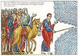 Moisés abre les agües del mar Coloráu, Hortus Deliciarum, c. 1118