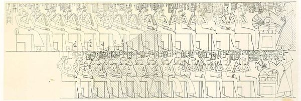 A man depicted twice standing before two rows of seated royalty