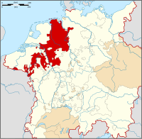 Modern Almanya, Avusturya, İsviçre, Belçika ve Hollanda topraklarının tamamının yanı sıra Kuzey İtalya'nın çoğu da dahil olmak üzere çoğu komşu ülkenin bazı kısımlarını içeren geniş bir bölgenin (beyaz) haritası. Münster, Hollanda'nın çoğu ve modern Belçika'nın bazı kısımları da dahil olmak üzere kuzeybatı kısmının bir kısmı renkli olarak vurgulanmıştır.