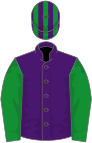 Purple, green sleeves, striped cap