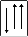 Zeichen 522-31 Fahrstreifentafel; Darstellung mit Gegenverkehr: zwei Fahrstreifen in Fahrtrichtung, ein Fahrstreifen in Gegenrichtung