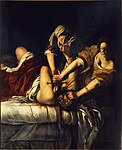 Iudita Tăindu-i lui Olofern Capul; de Artemisia Gentileschi; 1611-1612; ulei pe pânză; 163 x 126 cm; Galeria Uffizi, Florența, Italia[106]