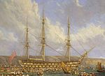 Le Bellerophon sur un détail du tableau Scene in Plymouth Sound in August 1815 (1816) de John James Chalon.