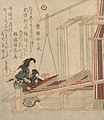 Un telar japonés del siglo XIX, con varios lizos, que el tejedor controla con el pie.