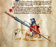 Cañón de mano siendo disparado desde una horquilla, manuscrito Bellifortis de Konrad Kyeser, 1400.