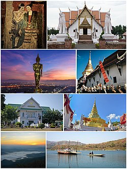 (ဘယ်ဘက်မှ၊ နာရီလက်တံအတိုင်း) – "ကရာ စစ်ပ် ရွတ်ခ်" murals in Wat Phumin, Quadra-façade Ubosot of Wat Phumin, Wat Phra Thart Chang Kham, Wat Phra Thart Chae Haeng, Sirikit Dam, Si Nan National Park, National Museum of Nan, Leela Buddha of Wat Phra Thart Khao Noi