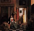 Pieter de Hooch, Woman Lacing Her Bodice Beside a Cradle, ca. 1660-63