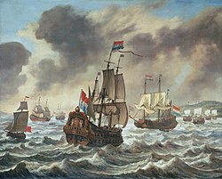 A downsi csata előtt, Reinier Nooms festménye, kb. 1639-ből, amely az angol partok előtt kialakított holland blokádot ábrázolja. A képen az Aemilia, Tromp holland admirális zászlóshajója látható.