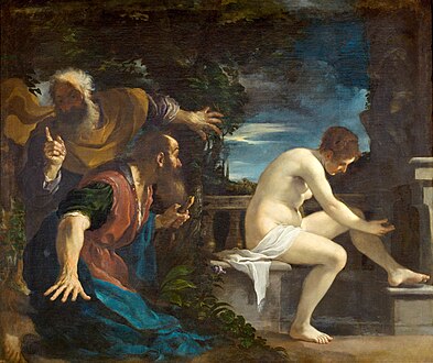 布面油画《苏珊娜和长老》，圭尔奇诺在博洛尼亚为红衣主教亚历山德罗·卢多维西（未来的教宗額我略十五世）创作，今藏于西班牙马德里普拉多博物馆[3]