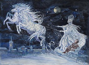 An icy, prismatic Snow Queen is sledging with a child named Kai across the night sky