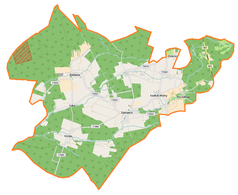 Mapa konturowa gminy Zębowice, blisko centrum na prawo u góry znajduje się punkt z opisem „Siedliska”