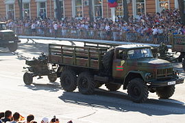 ZIL 131 truck and ZU-23-2 anti-aircraft twin-barreled autocannon, Tiraspol 2015.JPG