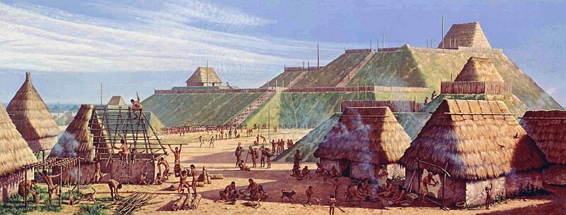 Ang larawan ng Cahokia, maaaring nagmukha itong ganito noong 1150 CE. Ginawa ito ni Michael Hampshire para sa Cahokia Mounds State Historic Site.