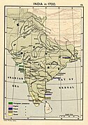 1700 में भारतीय प्रायद्वीप का मानचित्र, मुगल साम्राज्य और यूरोपीय व्यापारिक बस्तियाँ।