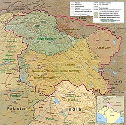 विवादित काश्मीरप्रदेशस्य मानचित्रं, भारत-पाकिस्थान-चीनदेशानां च नियन्त्रणे क्षेत्राणि दर्शयन्