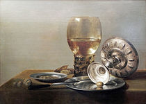 彼得·克拉斯（英语：Pieter Claesz）的《有玻璃杯和银器的静物画》（Stillleben mit Römer und Silberschale），43.2 × 60cm，约作于1630年，1845年始藏[59]