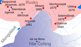 Mapa Zabajkalska a Poamuří s černě vyznačenými ruskými sídly založenými do 60. let 17. století (Barguzinsk u Bajkalu, Irgensk, Telembinsk a Něrčinsk ve východním Zabajkalsku) a červeně vyznačenými ruskými sídly vzniklými v letech 1665–1681 (Jeravninsk v Zabajkalsku roku 1675), na horním Amuru Albazin (1665), na Zeje Verchnozejsk, Selemdžinsk a Dolonsk (1679–1681) a na severovýchodě u Ochotského moře Udsk (1679).