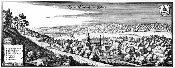 Le monastère, gravure par Matthäus Merian, Topographia Archiepiscopatuum Moguntinensis, 1646