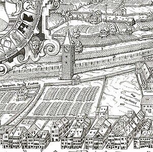 Der Ketzerturm auf dem Plan von Jos Murer, 1576