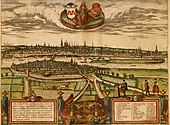 Maastricht op een gravure van Simon de Bellomonte, 16e eeuw