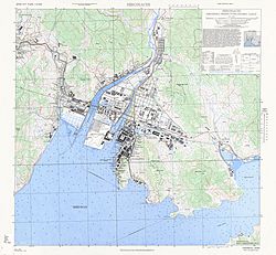 1945年米軍が作成した広地区地図。"Filtration Plant"（石内浄水場）、"Hiro Naval AircraftFactory"（広海軍工廠）などが確認できる。