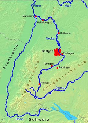 Kaart van die Neckar-bekken in Europa.