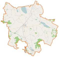 Mapa konturowa powiatu pyrzyckiego, po lewej znajduje się punkt z opisem „Czarnowo”