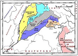 Un mapa de la región del Punyab c. 1947.