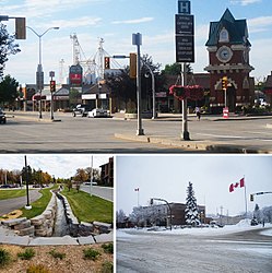 Clockwise from top: The Steinbach Millennium Clock Tower to the right in downtown Steinbach, the Steinbach Post Office during Winter, and the historic Stony Brook.