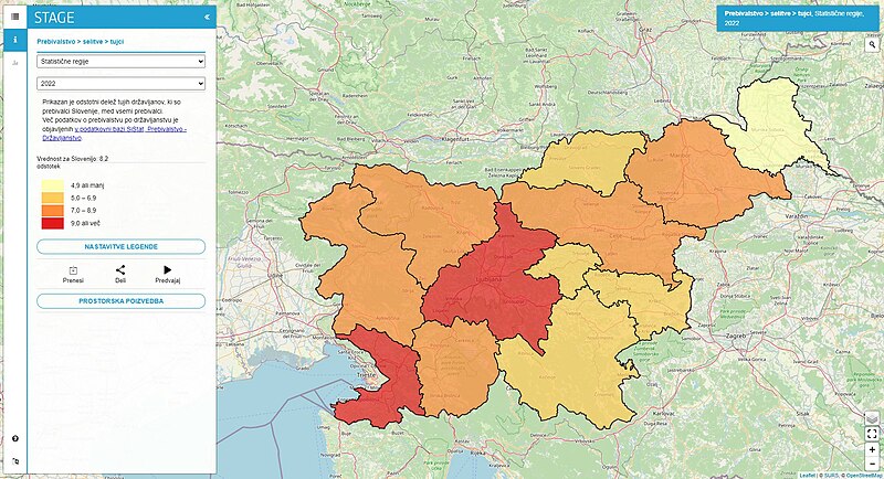 Prikazan je odstotni delež tujih državljanov, ki so prebivalci Slovenije, med vsemi prebivalci.